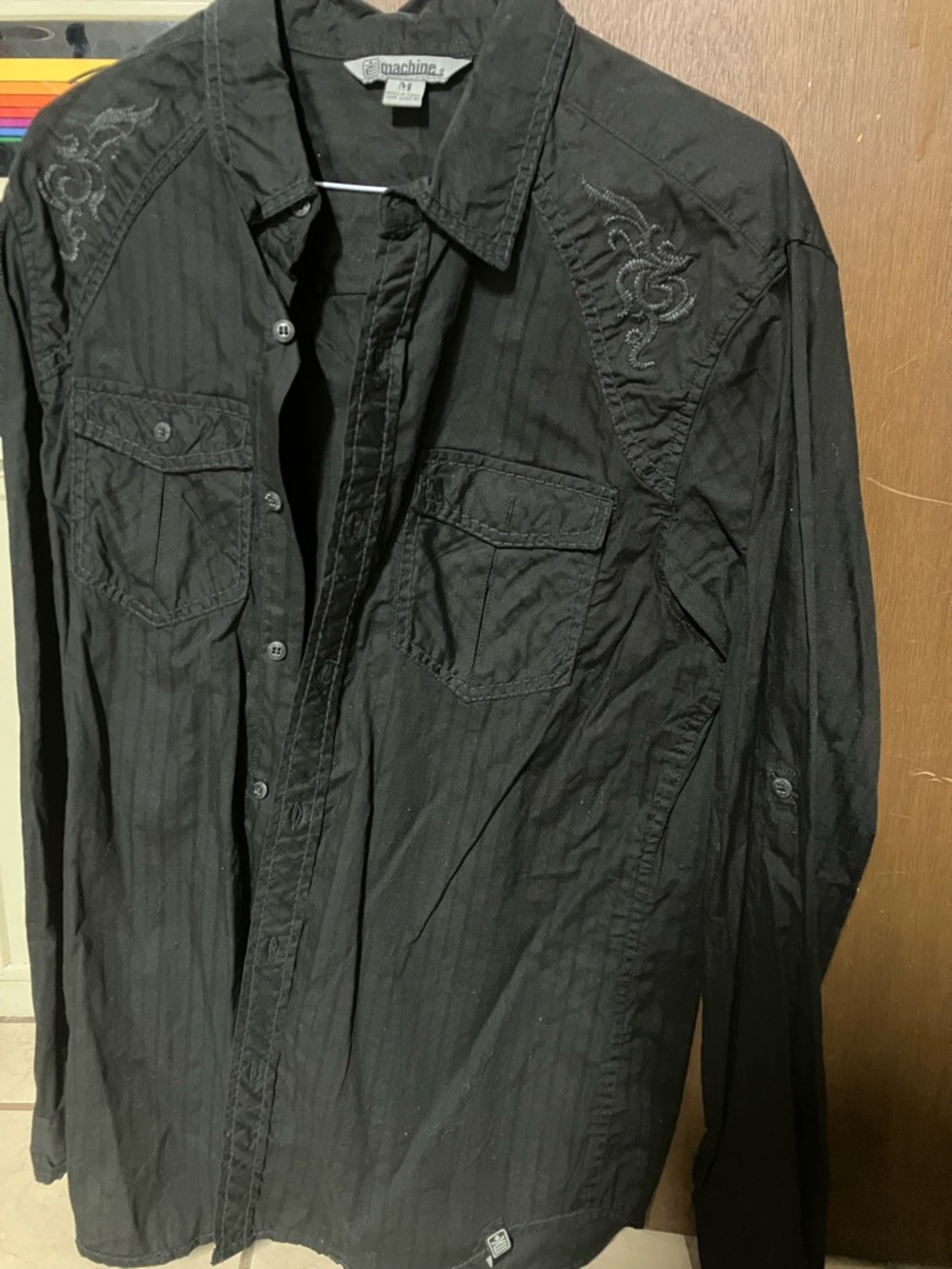 MK Machine Men's M Cotton Button-Up Shirt Long Sleeve Embroidered Black Gray